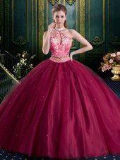 Beautiful Halter Top Floor Length Lace Up Quinceanera Gown Burgundy and In for Military Ball and Sweet 16 and Quinceanera with Beading and Lace and Appliques