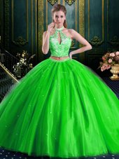 Wonderful Two Pieces Quinceanera Dress Halter Top Tulle Sleeveless Floor Length Lace Up