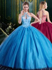 Sweet Halter Top Tulle Sleeveless Floor Length Sweet 16 Dresses and Beading and Lace and Appliques