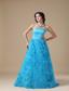Teal A-line Strapless Floor-length Fabric With Rolling Flower Prom Dress