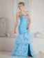 Sky Blue Mermaid High-low Split Prom Dress with Ruffles and Beading
