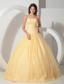 Light Yellow Ball Gown Strapless Floor-length Tulle Beading Quinceanera Dress