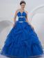 Ball Gown Strapless Floor-length Quinceanera Dress Royal Blue Organza Beading and Hand Made Flowers