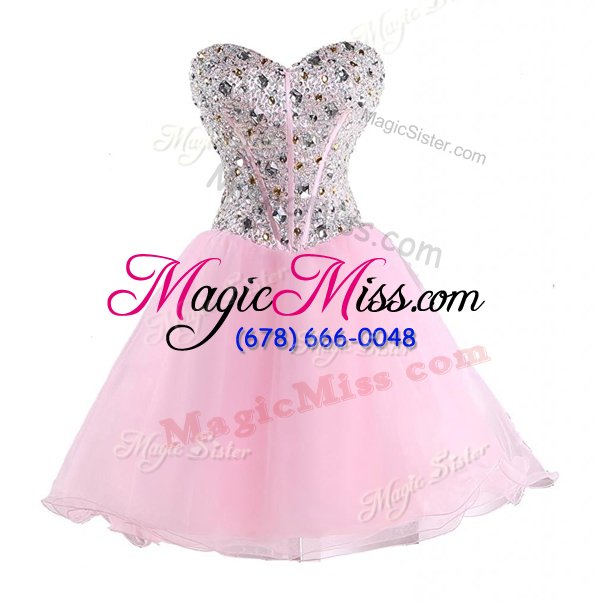Customized Pink Ball Gowns Organza Sweetheart Sleeveless Beading Mini Length Lace Up Prom Dress