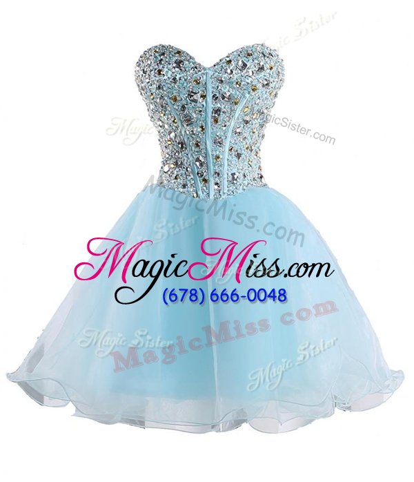 Stunning Mini Length Light Blue Juniors Party Dress Organza Sleeveless Beading