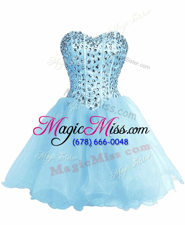 Stunning Light Blue Sleeveless Mini Length Beading Lace Up Prom Evening Gown