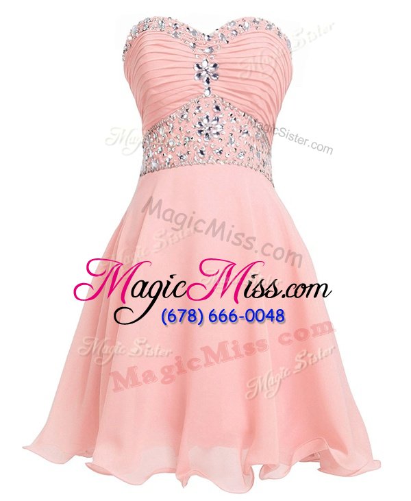 Inexpensive Pink Organza Lace Up Evening Dress Sleeveless Mini Length Beading and Belt