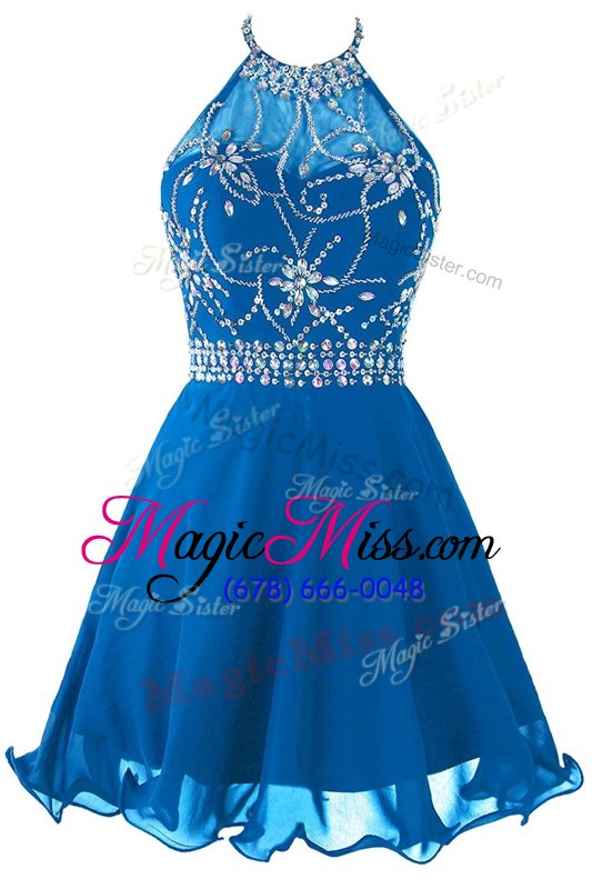 Custom Design Blue Zipper Scoop Beading and Belt Dress for Prom Organza Sleeveless