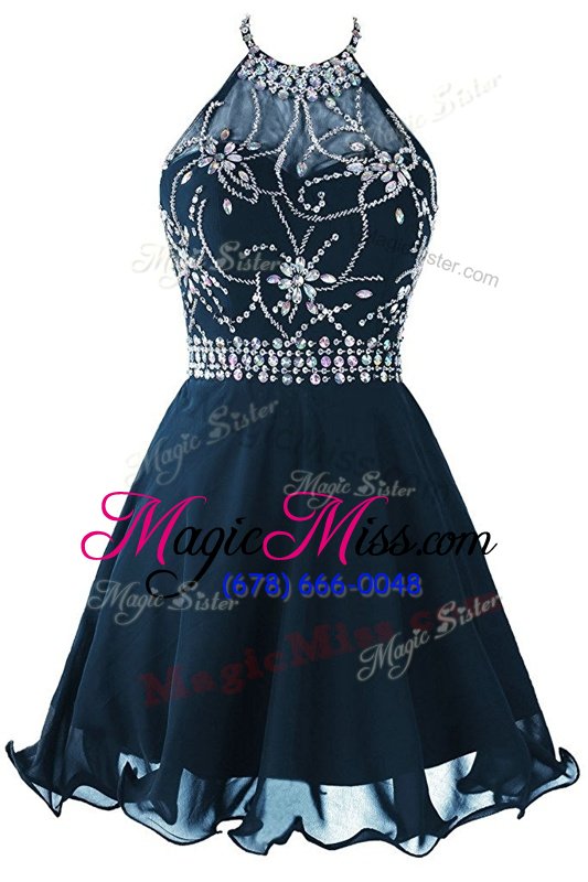 Dazzling Mini Length Navy Blue Prom Gown Scoop Sleeveless Zipper
