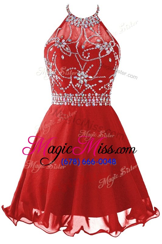 Halter Top Mini Length Zipper Prom Gown Red and In for Prom and Party with Beading