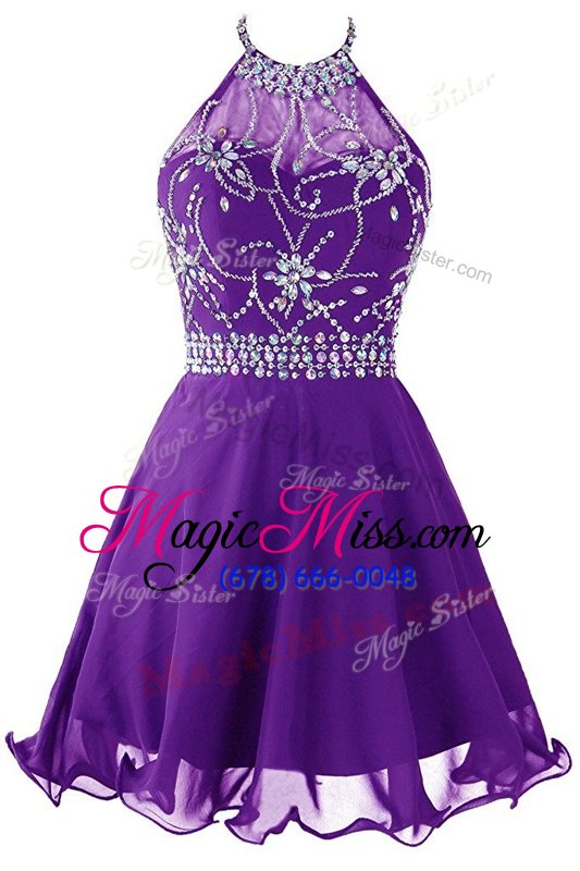 Affordable Halter Top Beading Evening Dress Purple Zipper Sleeveless Mini Length