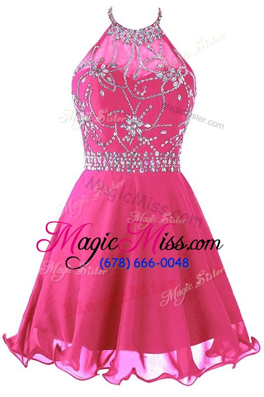 Halter Top Hot Pink Organza Zipper Prom Gown Sleeveless Mini Length Beading