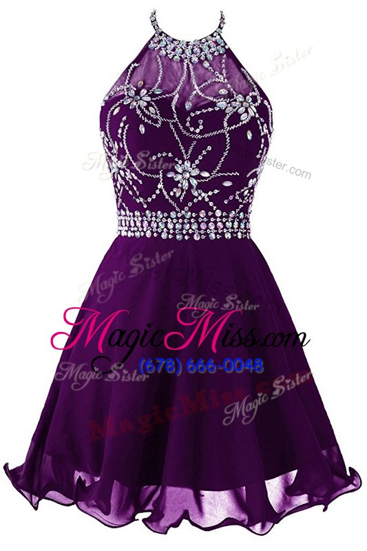 Eggplant Purple A-line Organza Halter Top Sleeveless Beading Mini Length Zipper Prom Gown
