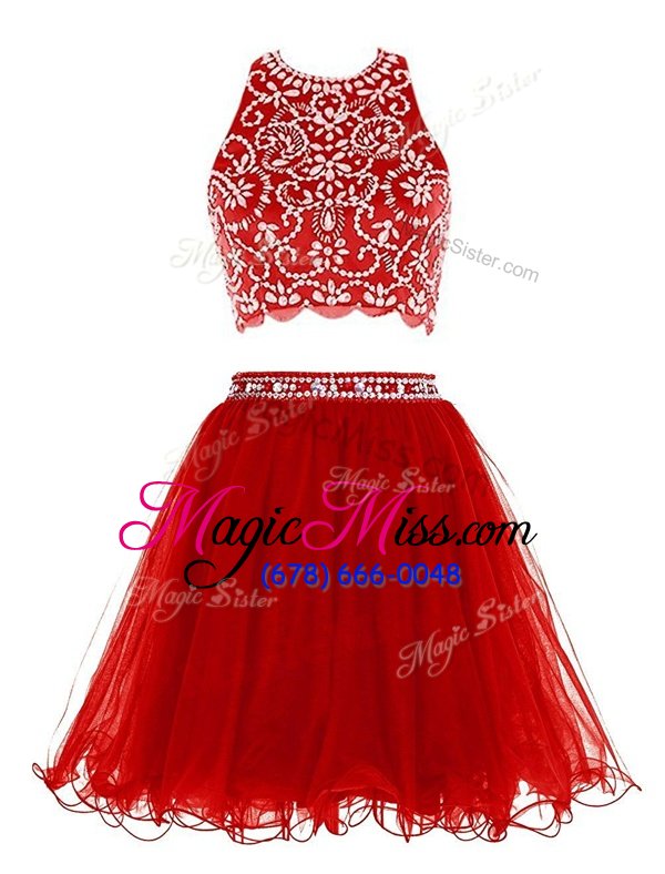 Most Popular Scoop Sleeveless Mini Length Beading Clasp Handle Homecoming Dress with Red