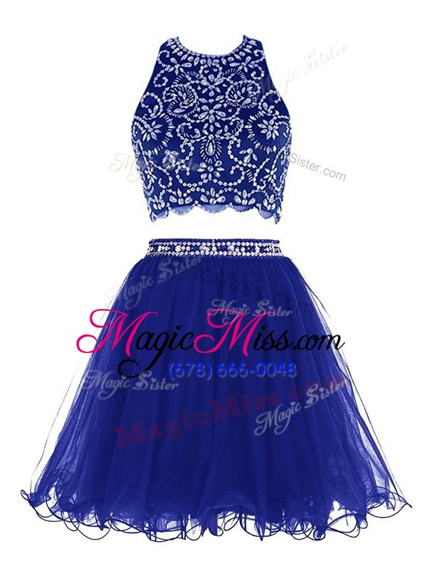 Beauteous Scoop Royal Blue Criss Cross Prom Dresses Beading Sleeveless Mini Length