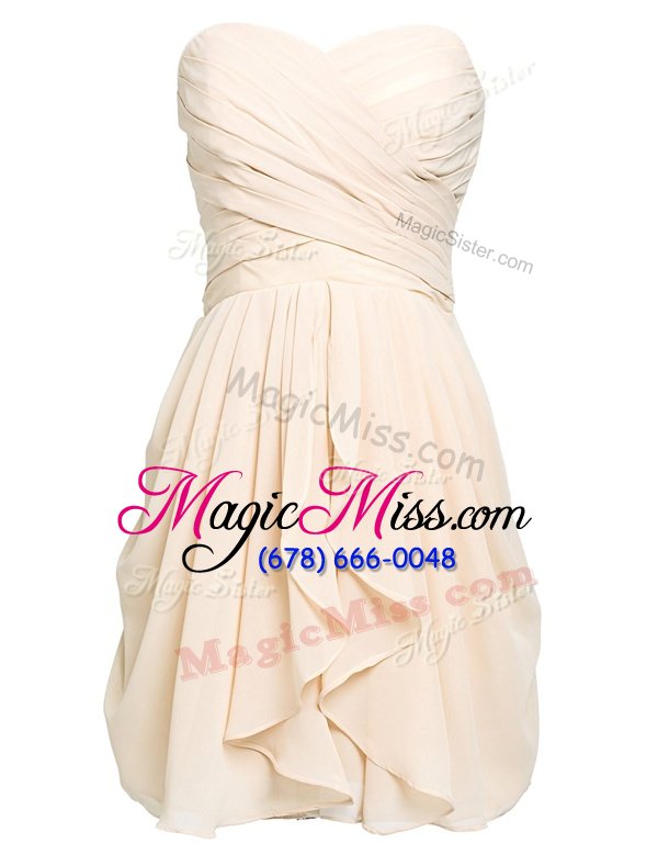 Enchanting Sleeveless Chiffon Knee Length Lace Up Prom Dress in Light Yellow for with Ruching
