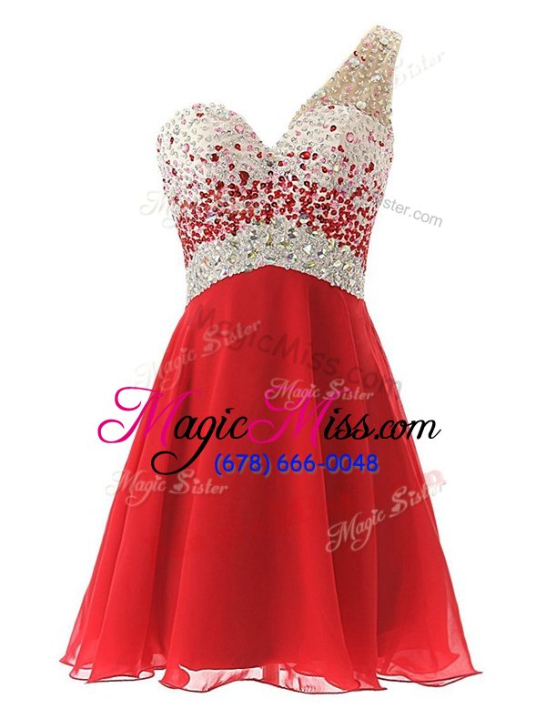 Dazzling One Shoulder Red Sleeveless Beading Knee Length Homecoming Dress