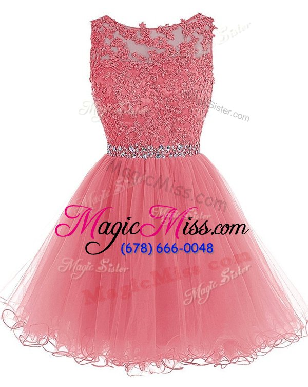 Beautiful Scoop Watermelon Red Zipper Prom Gown Beading and Lace Sleeveless Knee Length