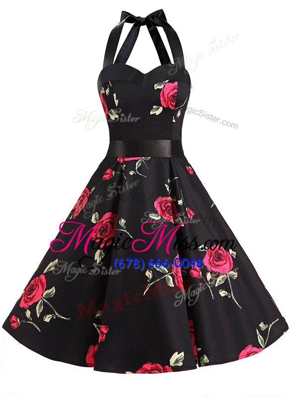 Most Popular Halter Top Black Sleeveless Sashes|ribbons and Pattern Knee Length Evening Party Dresses