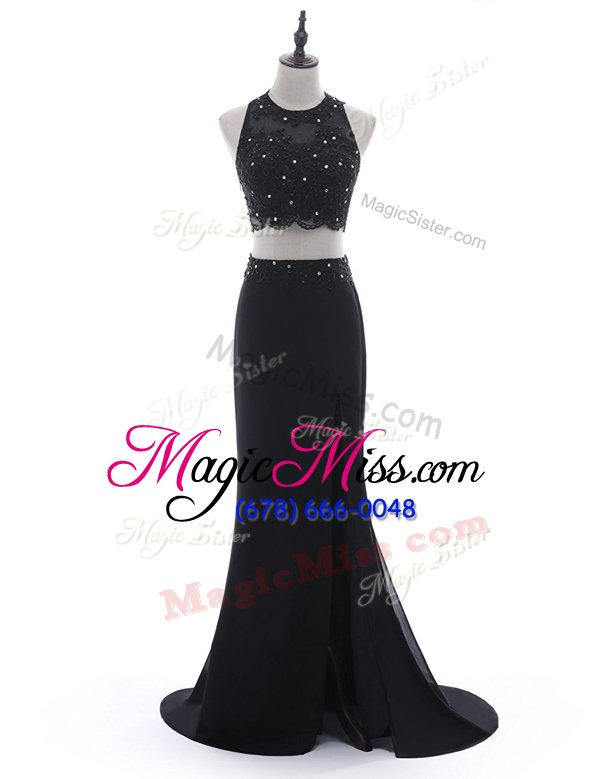 Latest Black Chiffon Side Zipper Scoop Sleeveless With Train Prom Evening Gown Brush Train Beading and Lace