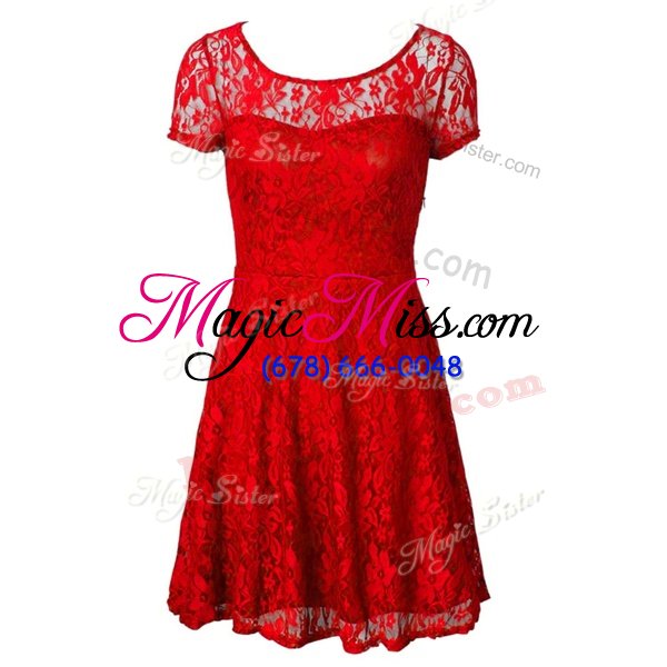 New Arrival Scoop Red Side Zipper Dress for Prom Lace Short Sleeves Tea Length
