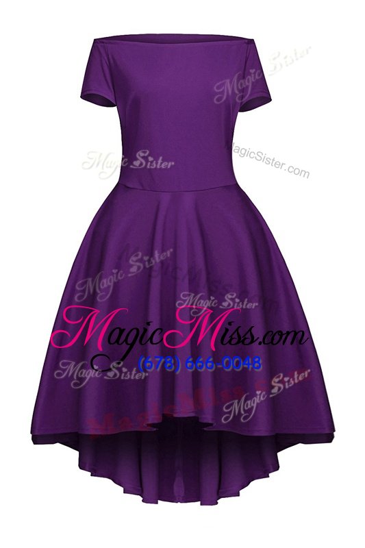 Modern Bateau Short Sleeves Homecoming Dresses Tea Length Ruching Purple Satin