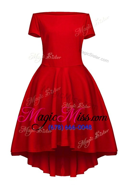 Low Price Short Sleeves Satin Tea Length Side Zipper Evening Dress in Red for with Ruching