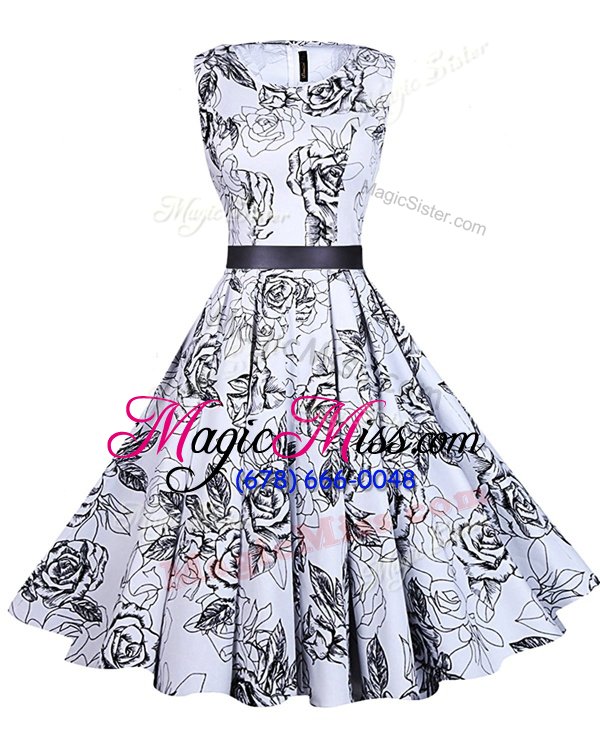 Latest Scoop White And Black Chiffon Zipper Prom Gown Sleeveless Knee Length Sashes|ribbons and Pattern