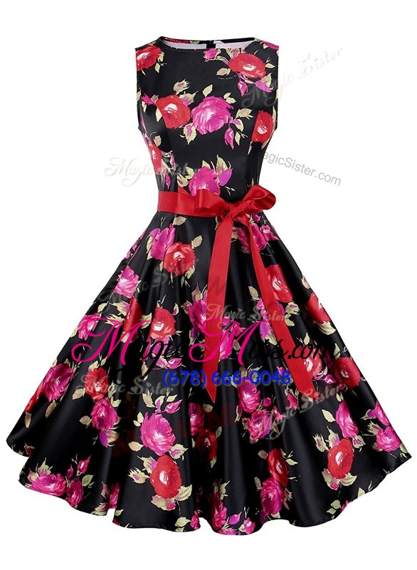 Enchanting Scoop Knee Length Black Homecoming Dress Chiffon Sleeveless Sashes|ribbons and Pattern