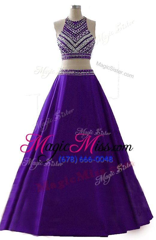 Scoop Floor Length A-line Sleeveless Eggplant Purple Dress for Prom Zipper