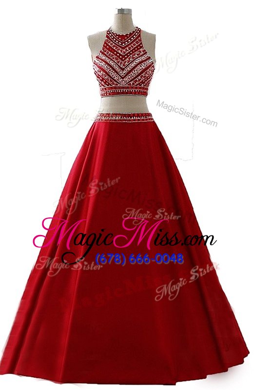Chiffon Scoop Sleeveless Zipper Beading Prom Evening Gown in Wine Red