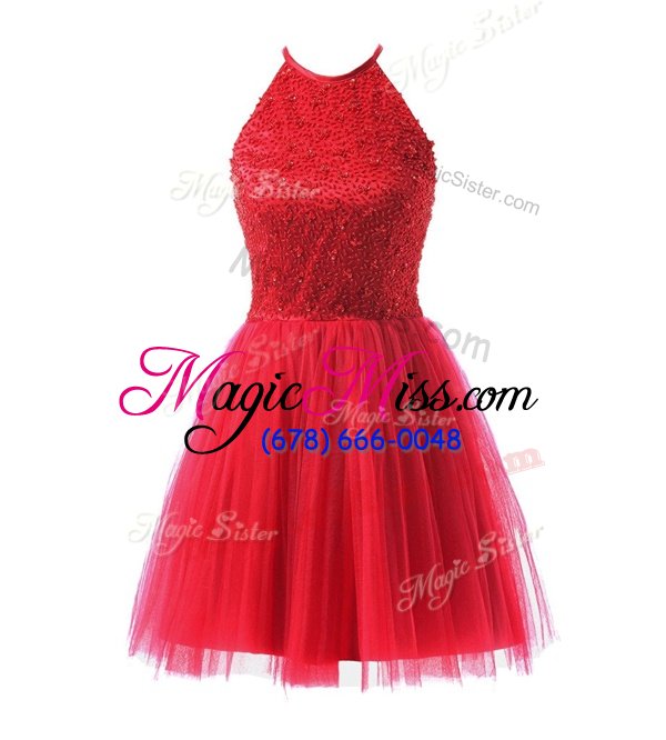 Perfect Scoop Watermelon Red Sleeveless Knee Length Beading Zipper Evening Dress