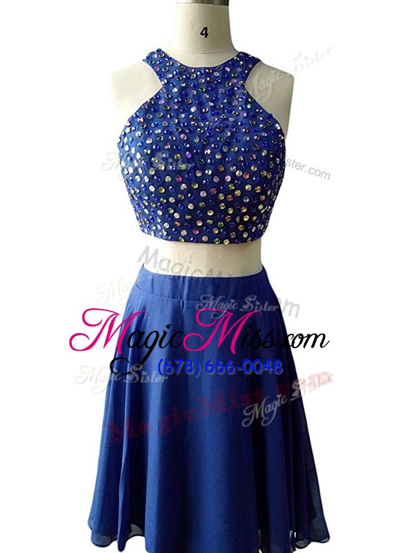 Sexy Scoop Knee Length A-line Sleeveless Navy Blue Dress for Prom Zipper