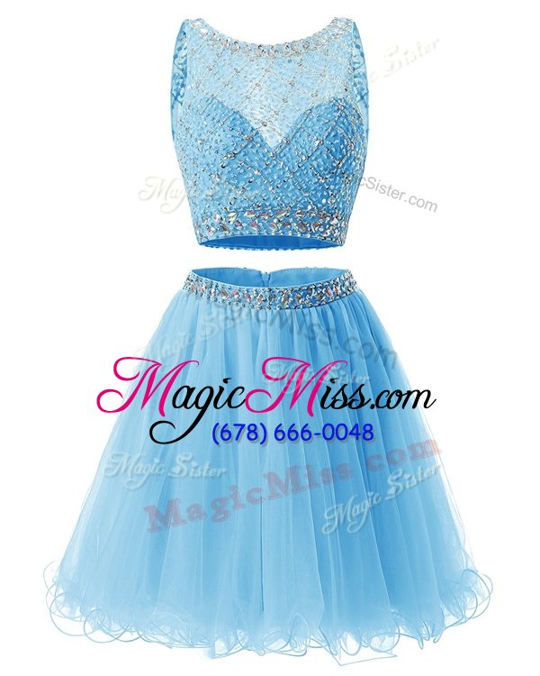 Exquisite Mini Length Side Zipper Prom Gown Baby Blue and In for Prom and Party with Beading and Belt