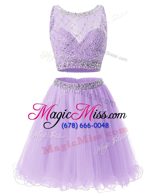Smart Lavender A-line Sweetheart Sleeveless Organza Mini Length Side Zipper Beading and Belt Dress for Prom