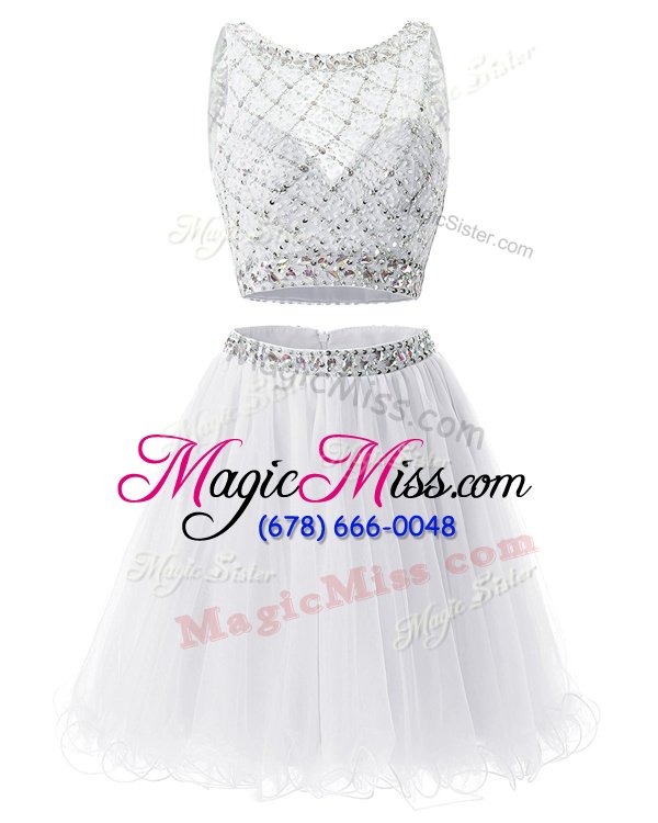 Noble Sleeveless Mini Length Beading and Belt Side Zipper Prom Dresses with White