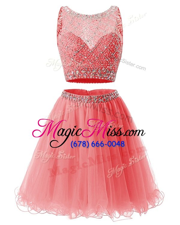 Comfortable Sleeveless Organza Mini Length Side Zipper Prom Evening Gown in Watermelon Red for with Beading and Belt