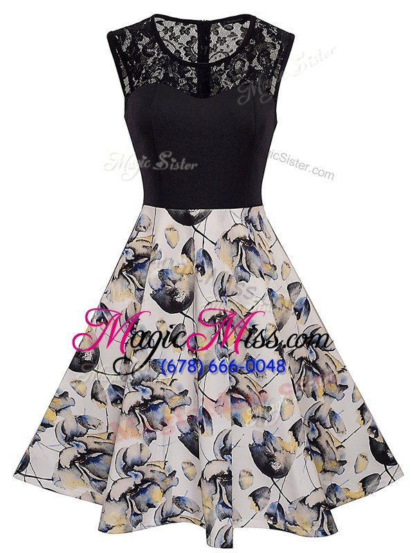 Customized Scoop Satin Sleeveless Knee Length Celebrity Evening Dresses and Lace and Embroidery and Pattern