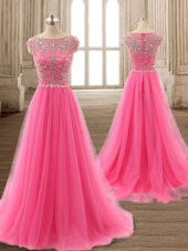 Attractive Hot Pink A-line Tulle Scoop Cap Sleeves Beading Zipper Evening Dress Brush Train