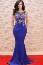 Classical Mermaid Prom Evening Gown Royal Blue Scoop Elastic Satin Sleeveless Sweep Train Zipper-up