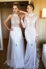 Most Popular Mermaid Lace White Long Sleeves,Sleeveless Sweep Train 1 Zipper-up Celebrity Style Dress