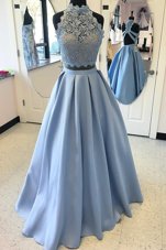 Eye-catching A-line Prom Dress Blue High Neck Satin Sleeveless Floor-length Criss-cross Straps