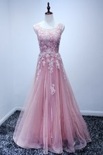 Artistic Scoop Sleeveless Floor Length Appliques Pink Tulle