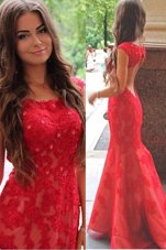 Lovely Mermaid Scoop Red Cap Sleeves Sweep Train Lace and Appliques With Train Evening Gowns