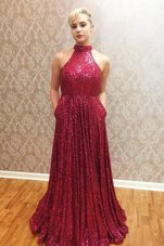 Amazing Wine Red Sequined Zipper Halter Top Sleeveless Floor Length Prom Party Dress Sequins