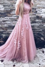 High Class Scoop Sleeveless Sweep Train Zipper Appliques and Sashes|ribbons Prom Dress
