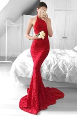 New Style Sweep Train Mermaid Prom Dress Red Halter Top Lace Sleeveless Backless