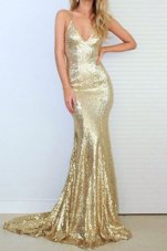 Delicate Mermaid Sequined Sleeveless Prom Dresses Sweep Train and Sequins