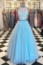 Deluxe Blue Tulle Zipper Halter Top Sleeveless Floor Length Dress for Prom Beading and Appliques