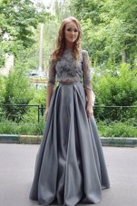 Latest Scoop Lace Prom Party Dress Grey Zipper 3|4 Length Sleeve Floor Length